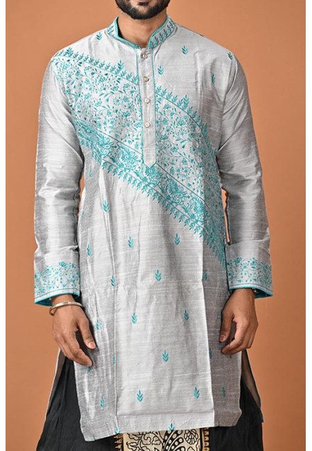 Steel Grey Color Embroidery Raw Silk Punjabi For Men (She Punjabi 786)