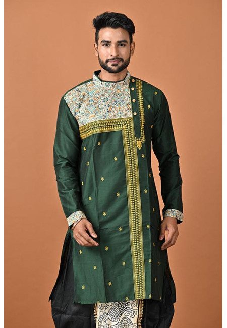 Bottle Green Color Embroidery Raw Silk Punjabi For Men (She Punjabi 787)