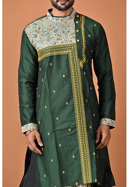 Bottle Green Color Embroidery Raw Silk Punjabi For Men (She Punjabi 787)
