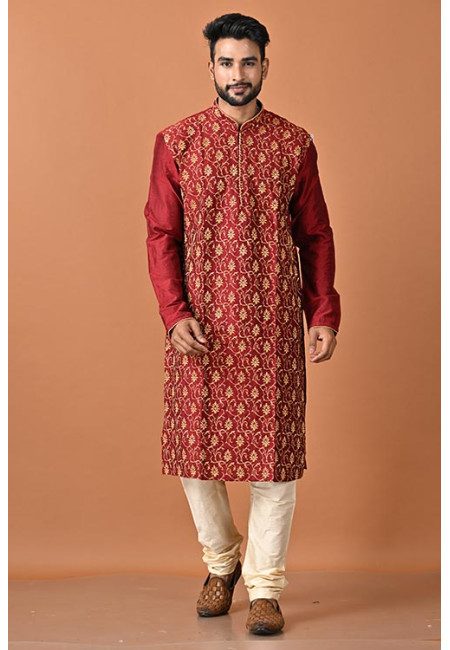 Maroon Color Embroidery Raw Silk Punjabi Set For Men (She Punjabi 791)