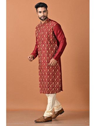 Maroon Color Embroidery Raw Silk Punjabi Set For Men (She Punjabi 791)