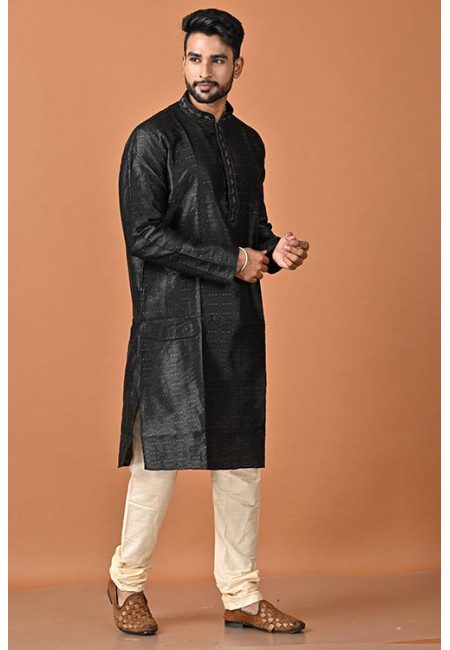 Black Color Jacquard Raw Silk Punjabi Set For Men (She Punjabi 793)