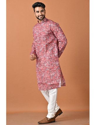 Peach Color Printed Rich Cotton Punjabi Set For Men (She Punjabi 795)