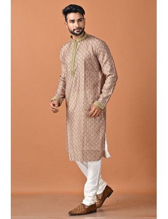Beige Color Printed Sequins Raw Silk Punjabi Set For Men (She Punjabi 798)