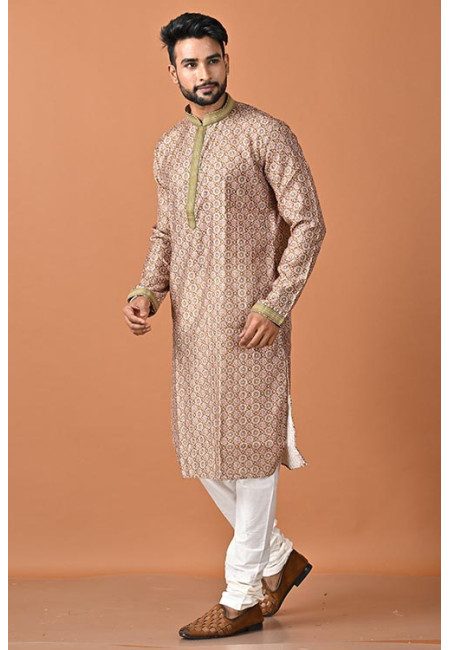 Beige Color Printed Sequins Raw Silk Punjabi Set For Men (She Punjabi 798)