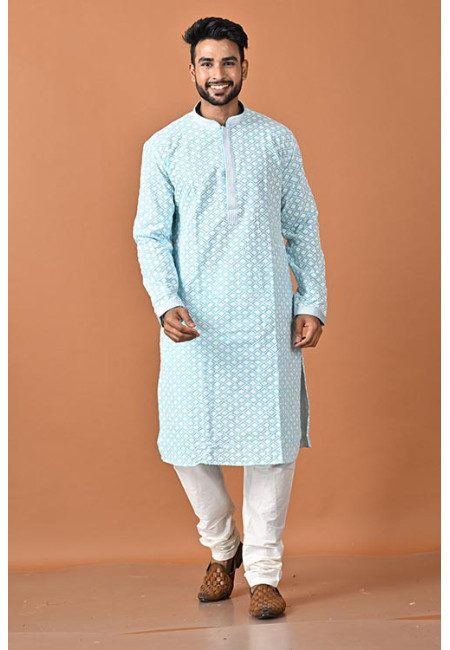 Sky Blue Color Chikankari Rich Cotton Punjabi Set For Men (She Punjabi 799)