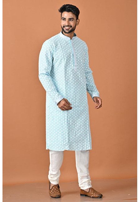 Sky Blue Color Chikankari Rich Cotton Punjabi Set For Men (She Punjabi 799)