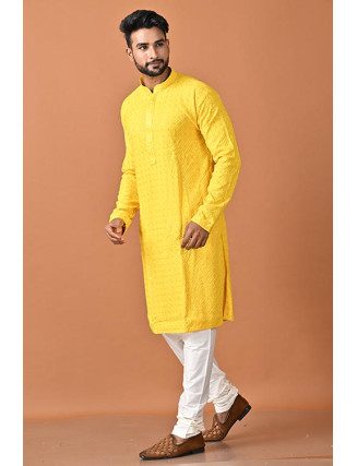 Yellow Color Sequins Embroidery Rich Cotton Punjabi Set For Men (She Punjabi 800)