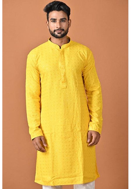 Yellow Color Sequins Embroidery Rich Cotton Punjabi Set For Men (She Punjabi 800)