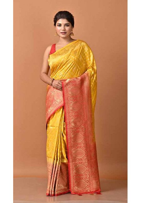 Golden Yellow Color Contrast Semi Katan Silk Saree (She Saree 1615)
