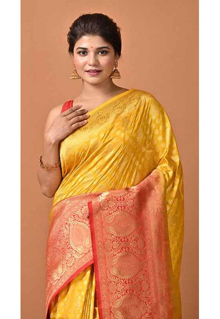 Golden Yellow Color Contrast Semi Katan Silk Saree (She Saree 1615)