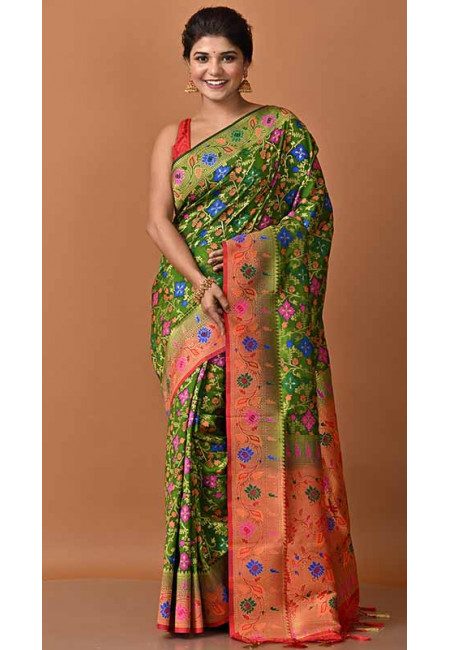 Deep Green Color Contrast Semi Katan Silk Saree (She Saree 1627)