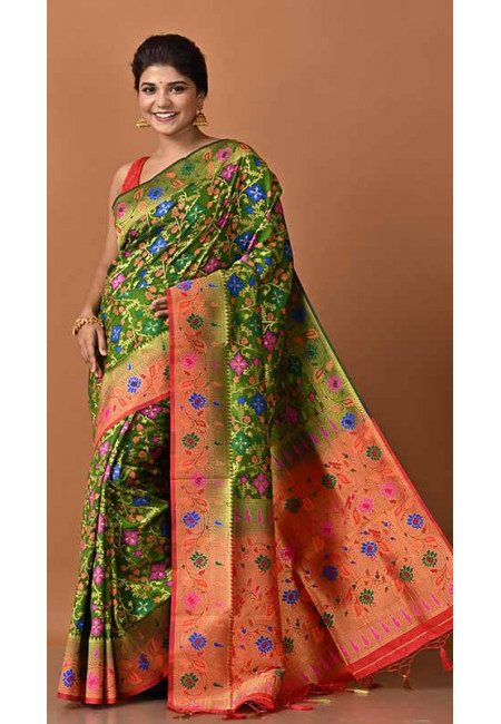 Deep Green Color Contrast Semi Katan Silk Saree (She Saree 1627)