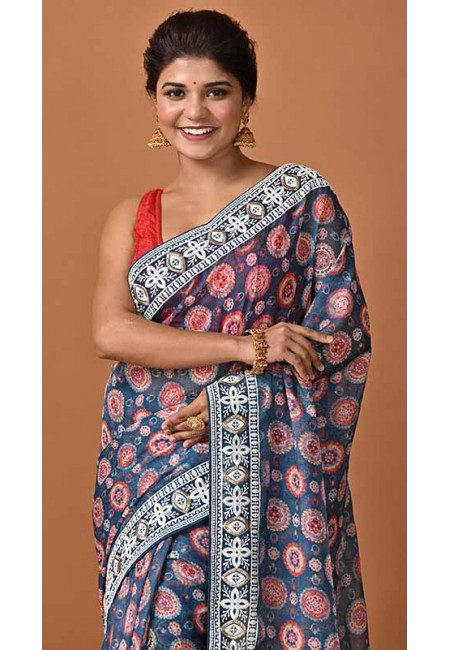 Turquoise Blue Color Printed Embroidery Chanderi Silk Saree (She Saree 1628)