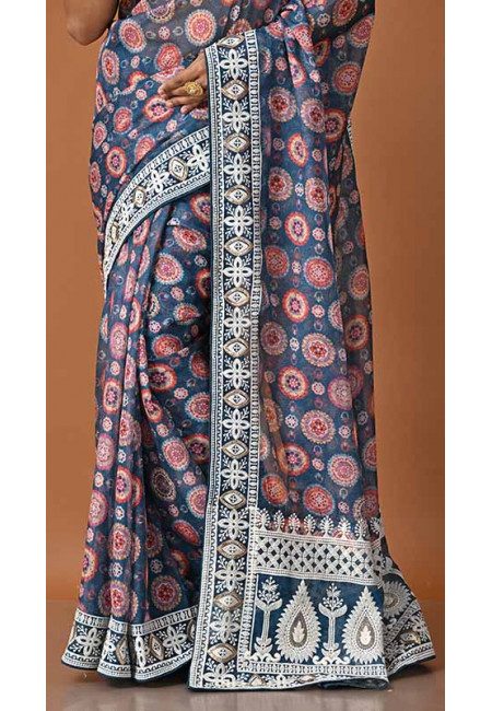 Turquoise Blue Color Printed Embroidery Chanderi Silk Saree (She Saree 1628)