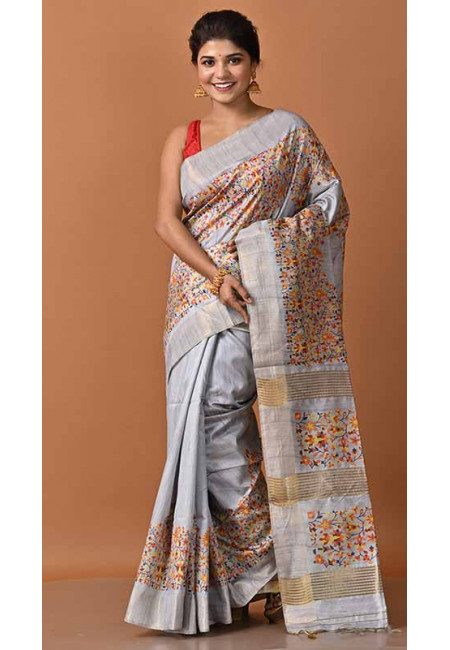 Steel Grey Color Printed Tussar Silk Saree (She Saree 1630)