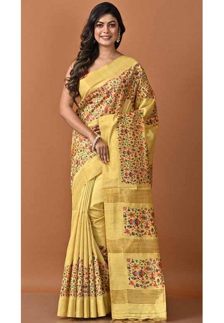 Flax Yellow Color Printed Tussar Silk Saree (She Saree 1666)