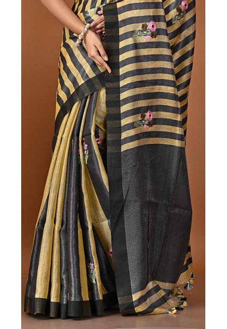 Beige And Black Color Organic Linen Silk Saree (She Saree 1684)