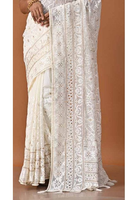 Off White Color Designer Embroidery Chiffon Saree (She Saree 1732)