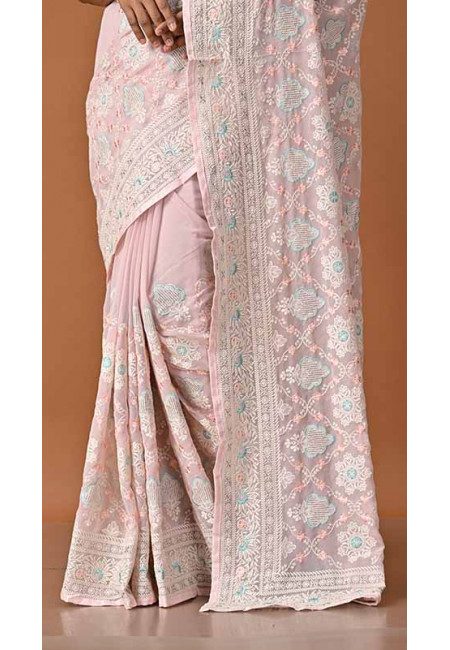 Baby Pink Color Designer Embroidery Chiffon Saree (She Saree 1733)