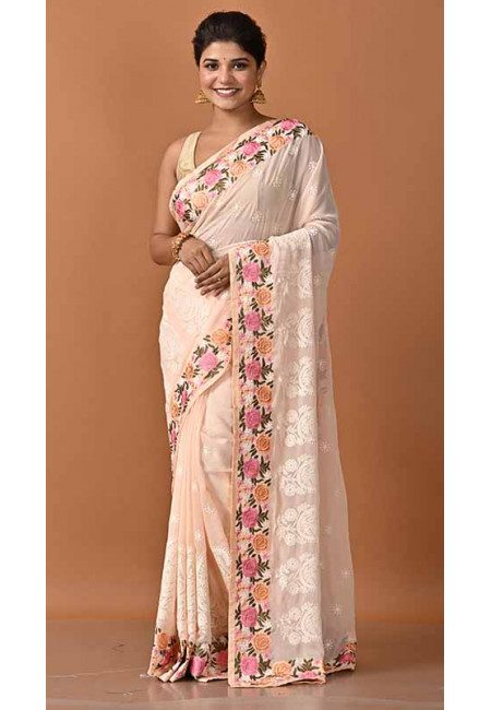 Light Peach Color Designer Embroidery Chiffon Saree (She Saree 1734)