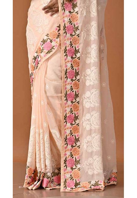 Light Peach Color Designer Embroidery Chiffon Saree (She Saree 1734)