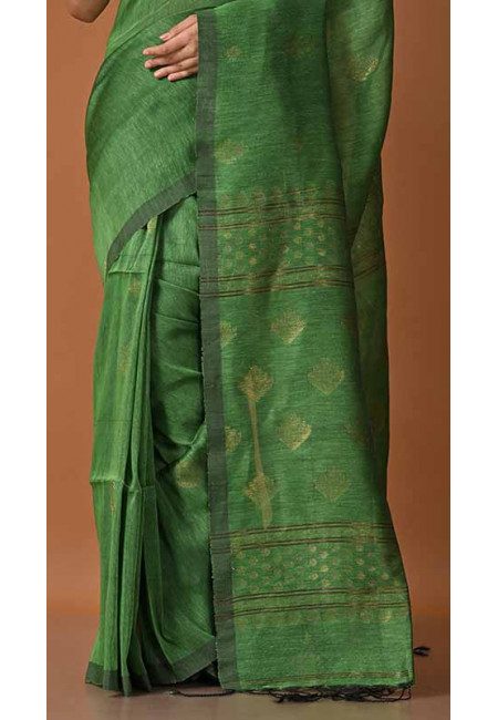 Deep Green Color Organic Linen Cotton Saree (She Saree 1785)