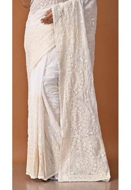 Off White Color Designer Embroidery Chiffon Saree (She Saree 1810)