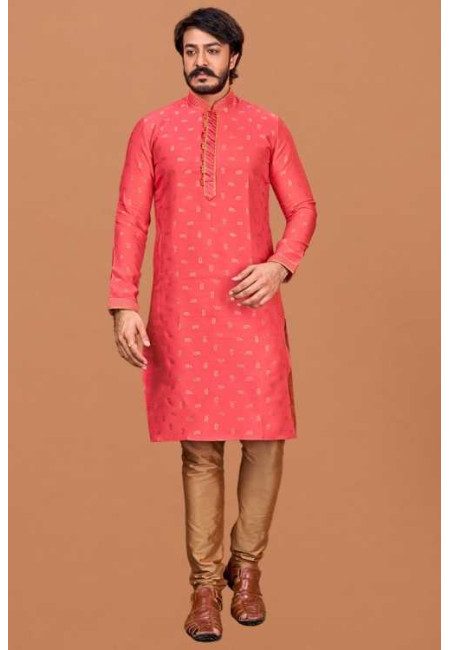 Strawberry Pink Color Jacquard Silk Punjabi Set For Men (She Punjabi 750)