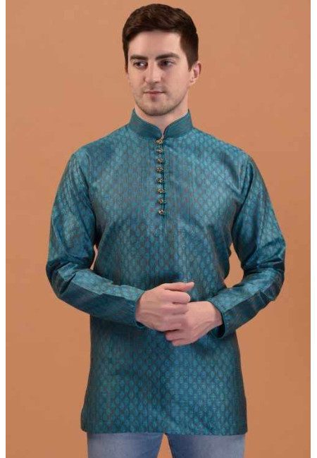 Turquoise Green Color Short Banarasi Jacquard Silk Punjabi For Men (She Punjabi 746)