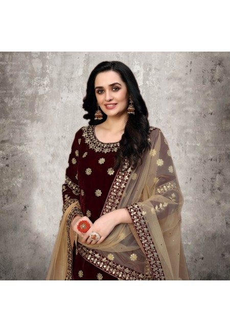 Maroon Color Designer Velvet Salwar Suit (She Salwar 531)
