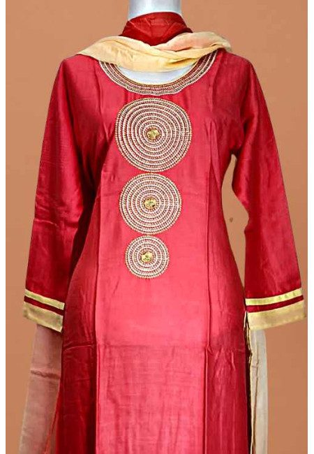 Strawberry Red Color Embroidery Linen Salwar Suit (She Salwar 618)