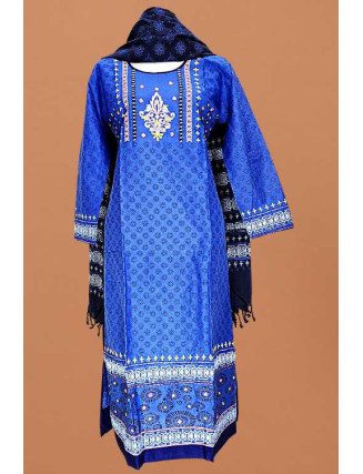 French Sky Blue Color Printed Embroidery Linen Cotton Salwar Suit (She Salwar 602)