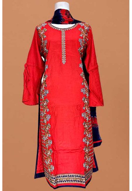 Pigment Red Color Embroidery Linen Salwar Suit (She Salwar 603)