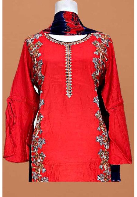 Pigment Red Color Embroidery Linen Salwar Suit (She Salwar 603)