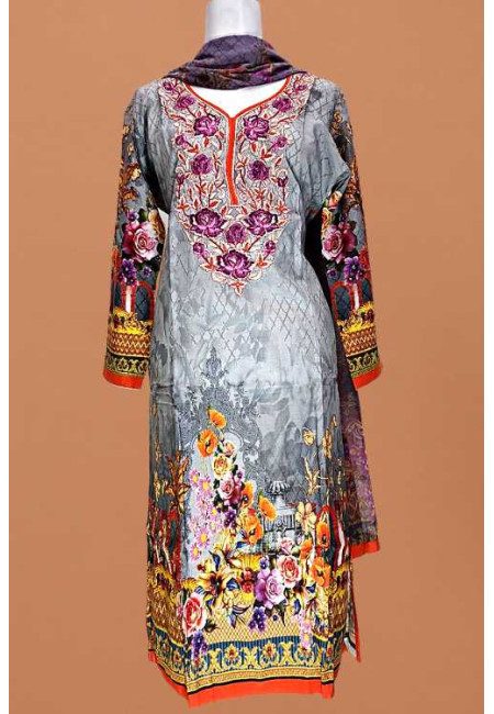 Grey Color Printed Embroidery Silk Salwar Suit (She Salwar 592)