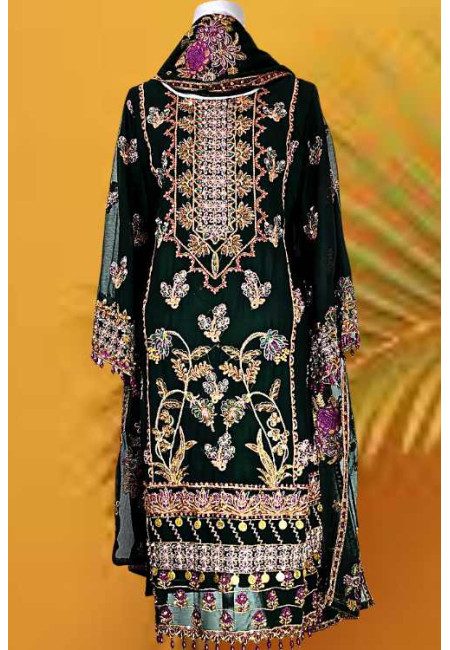 Bottle Green Color Designer Embroidery Chiffon Pakistani Salwar Suit (She Salwar 627)