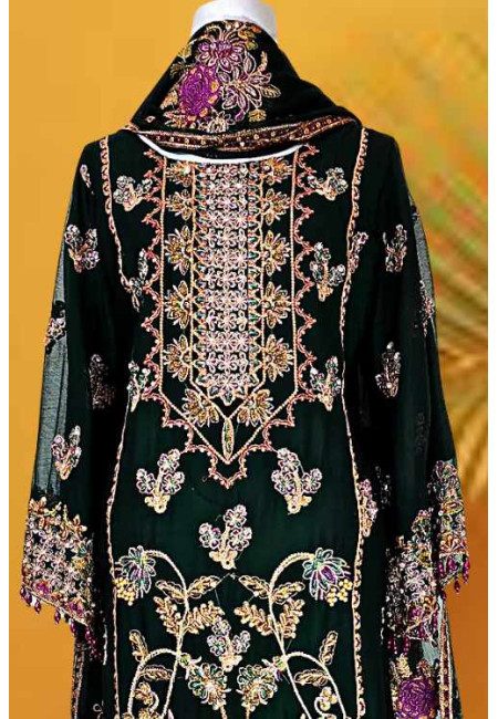 Bottle Green Color Designer Embroidery Chiffon Pakistani Salwar Suit (She Salwar 627)