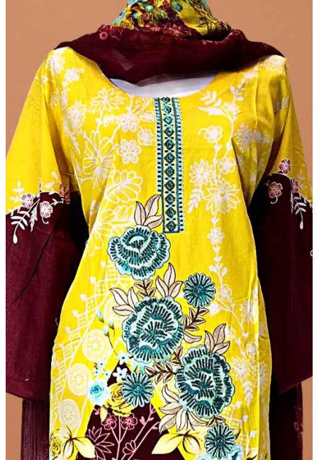 Yellow Color Embroidery Pakistani Lawn Salwar Suit (She Salwar 614)