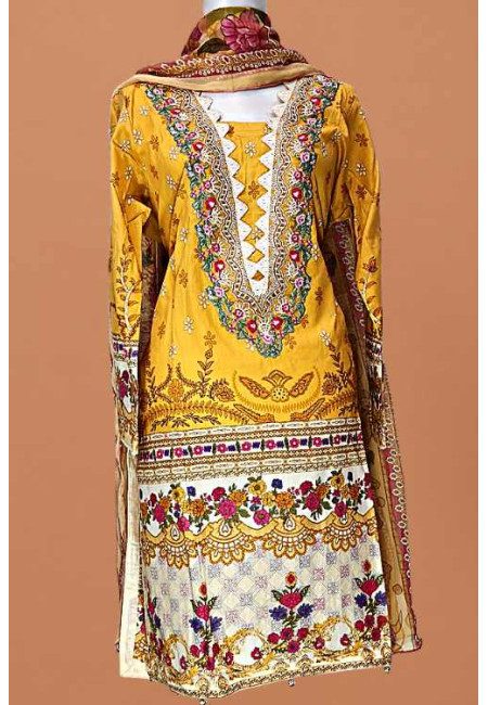 Mustard Color Embroidery Pakistani Luxury Lawn Salwar Suit (She Salwar 607)