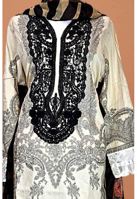 Cream Color Embroidery Pakistani Luxury Lawn Salwar Suit (She Salwar 611)