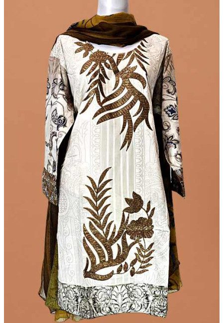 Cream Color Embroidery Pakistani Lawn Salwar Suit (She Salwar 613)