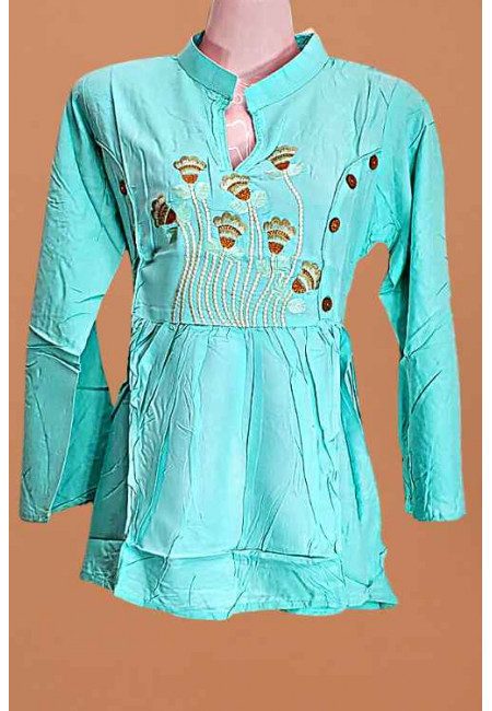 Sky Blue Color Embroidered Linen Women Top (She Kurti 656)