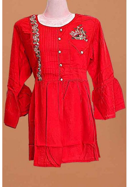 Red Color Embroidered Linen Women Top (She Kurti 657)