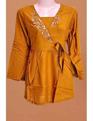 Mustard Color Embroidered Linen Women Top (She Kurti 659)