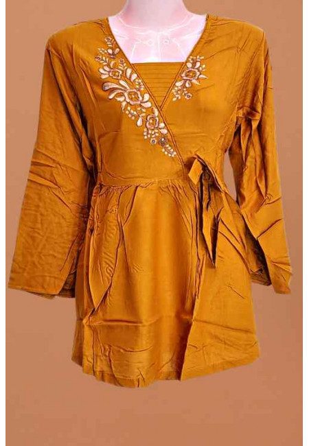 Mustard Color Embroidered Linen Women Top (She Kurti 659)