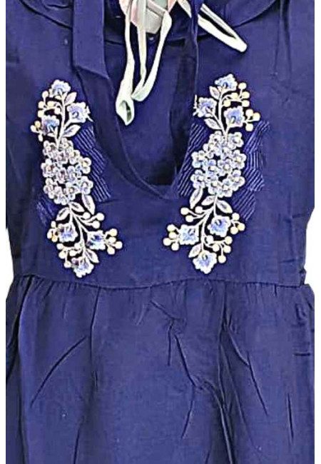 Navy Blue Color Embroidered Linen Women Top (She Kurti 660)