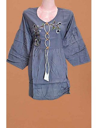 Grey Color Embroidered Linen Women Top (She Kurti 661)