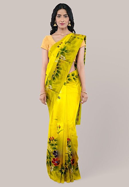 Yellow Color Hand Painted Cotton Silk Handloom Saree (She Saree 1242)