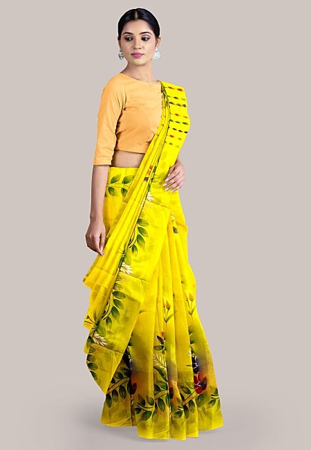 Yellow Color Hand Painted Cotton Silk Handloom Saree (She Saree 1242)